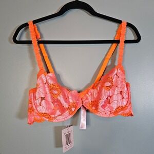 Savage X Fenty Lace Balconette Bra Orange Pink Floral Underwire Size 36D